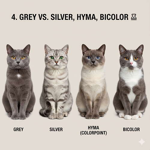 So sánh mèo xám, mèo bạc, mèo hyma color point và mèo phối trắng
