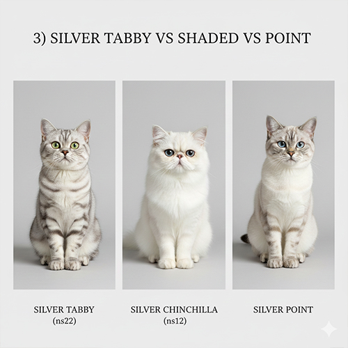 So sánh mèo Silver tabby, Silver chinchilla và Silver point