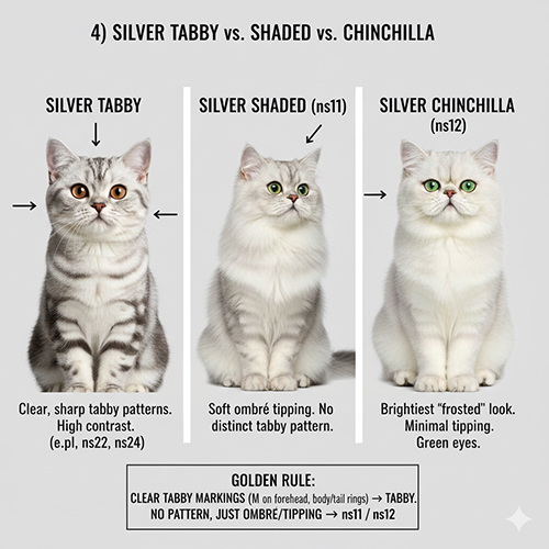 Bảng so sánh mèo silver tabby với silver shaded ns11 và silver chinchilla ns12 dựa trên độ vằn và hiệu ứng màu lông