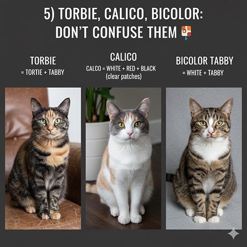 So sánh mèo torbie, calico và bicolor tabby với sự khác nhau về mảng màu và hoa văn