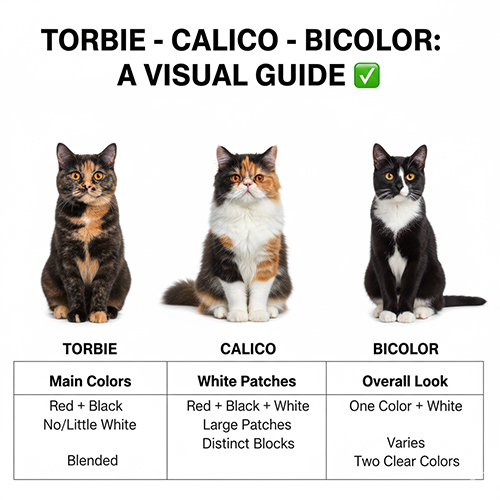 ba mèo minh họa torbie calico và bicolor ngồi cạnh nhau kèm bảng so sánh màu sắc và mảng trắng