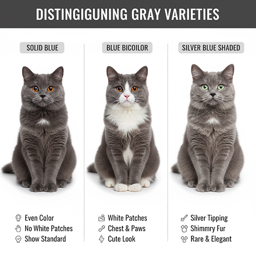 Ba chú mèo Anh lông dài màu xám với các biến thể: xám thuần, xám trắng bicolor và xám bạc shaded, giúp phân biệt rõ từng loại lông