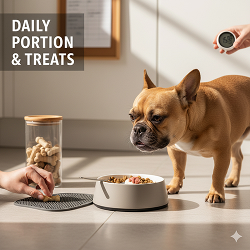 Người nuôi cho chó ăn theo khẩu phần hàng ngày và kiểm soát lượng đồ thưởng