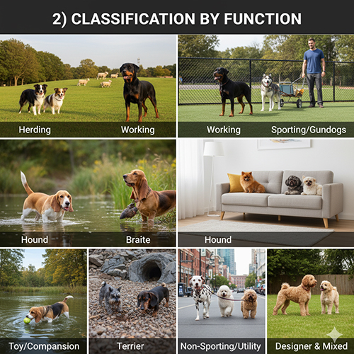 Phân loại theo công năng của các giống chó: Herding, Working, Sporting/Gundogs, Hound, Terrier, Toy/Companion, Non-Sporting/Utility, Designer & Mixed – ảnh ghép minh họa từng nhóm