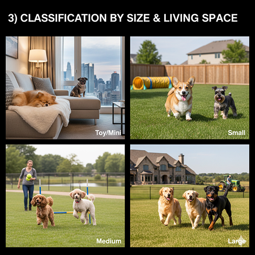 Ảnh tổng hợp 4 ô minh họa phân loại chó theo kích cỡ: Toy/Mini, Small, Medium, Large; cảnh trong nhà và sân vườn với nhiều giống chó chạy nhảy.