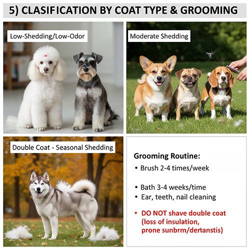 Phân loại chó theo kiểu lông & grooming: ít rụng/ít mùi, rụng vừa, double coat rụng theo mùa; kèm lịch chải–tắm và lưu ý không cạo lông kép