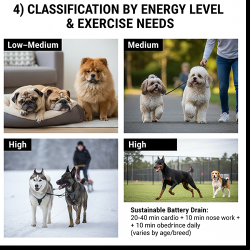 Phân loại chó theo mức năng lượng: ảnh 4 ô minh họa Low–Medium (Pug, Bulldog Anh, Chow Chow), Medium (Shih Tzu, Cocker Spaniel, Poodle) và High (Husky, Malinois/Doberman, Beagle) kèm công thức vận động