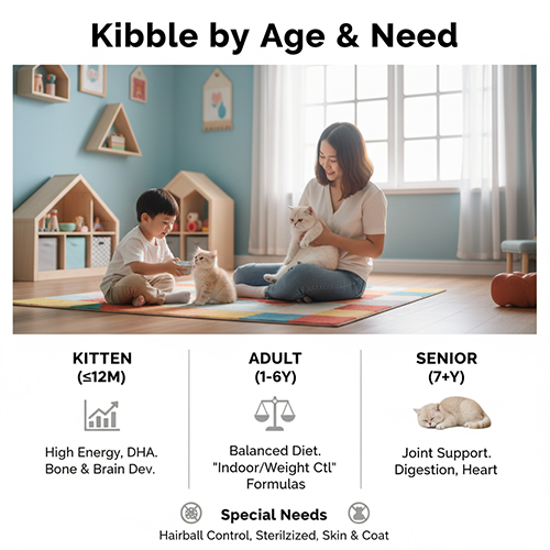 Mẹ và bé chơi cùng mèo Anh lông ngắn trong phòng, minh họa các loại hạt theo độ tuổi mèo