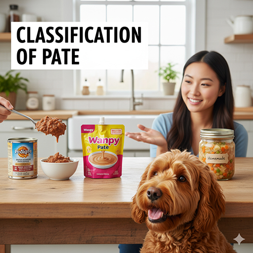 Chó lông xoăn nâu ngồi trước bàn có ba loại pate: lon Pedigree, túi Wanpy và hũ pate tự làm, cô gái ngồi phía sau cười.