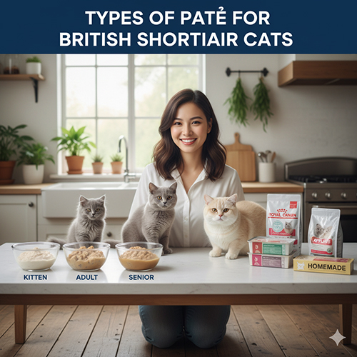 Cô gái ngồi cùng ba mèo Anh lông ngắn trước các bát pate kitten, adult, senior và hộp pate từ nhiều thương hiệu