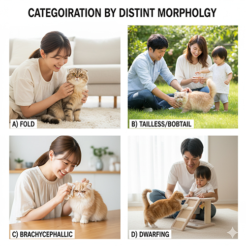 Bốn nhóm mèo đại diện cho các hình thái đặc trưng gồm tai cụp, không đuôi, mõm ngắn và chân ngắn, minh họa cách phân loại mèo theo đặc điểm hình thể.