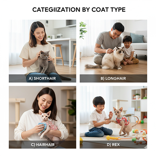 Bốn nhóm mèo đại diện cho các kiểu lông khác nhau gồm lông ngắn, lông dài, không lông và lông xoăn, minh họa cách phân loại mèo theo đặc điểm bộ lông.