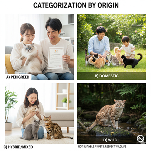 Bốn nhóm mèo đại diện cho nguồn gốc khác nhau gồm mèo phả hệ, mèo nhà, mèo lai và mèo hoang, minh họa cách phân loại mèo theo xuất xứ.
