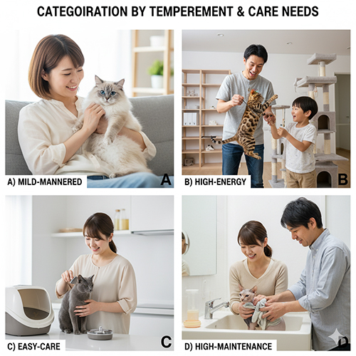 Bốn nhóm mèo thể hiện các kiểu tính cách và nhu cầu chăm khác nhau gồm ôn hòa, hiếu động, dễ chăm và cần chăm kỹ, minh họa phân loại mèo theo hành vi và mức chăm sóc.