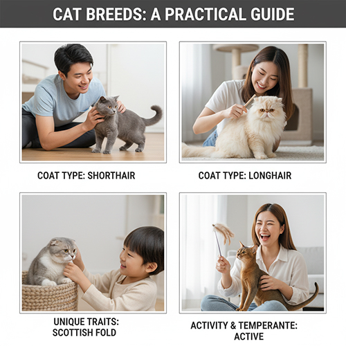 Bộ ảnh minh họa các kiểu lông và đặc trưng giống mèo như lông ngắn, lông dài, tai cụp và mèo hiếu động, giúp người nuôi chọn giống phù hợp