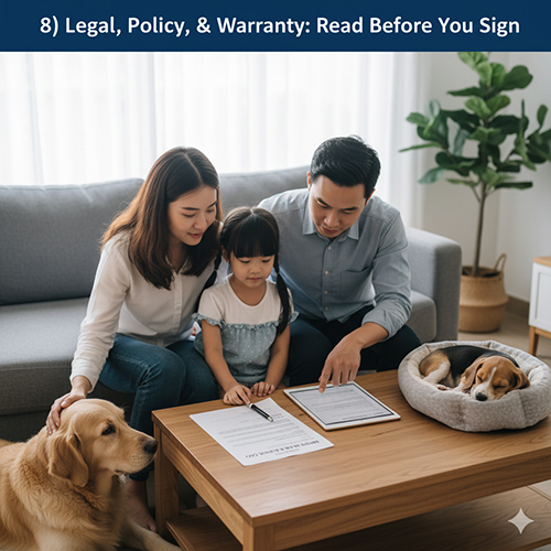 Gia đình đọc hợp đồng mua bán chó trên bàn cùng hai chú chó nằm cạnh, minh họa phần “Pháp lý – chính sách – bảo hành” trong hướng dẫn mua chó an toàn.