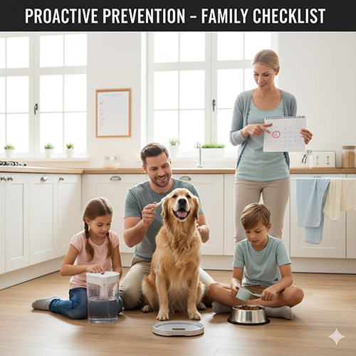 Gia đình bốn người cùng chăm sóc chó Golden Retriever trong bếp, với bảng ghi chú và cân, minh họa checklist phòng bệnh chủ động cho thú cưng.