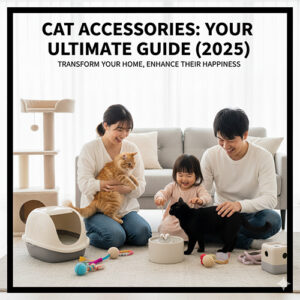 Gia đình vui vẻ chơi cùng hai chú mèo bên cạnh các phụ kiện như khay vệ sinh, đồ chơi và đài phun nước cho mèo.