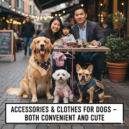 Gia đình dắt ba chú chó mặc quần áo và phụ kiện dễ thương khi đi dạo ngoài phố