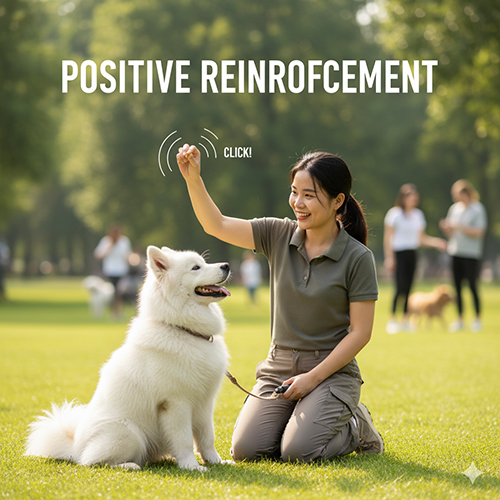 Huấn luyện chó theo phương pháp củng cố tích cực – người huấn luyện dùng clicker thưởng cho chú chó trắng khi làm đúng