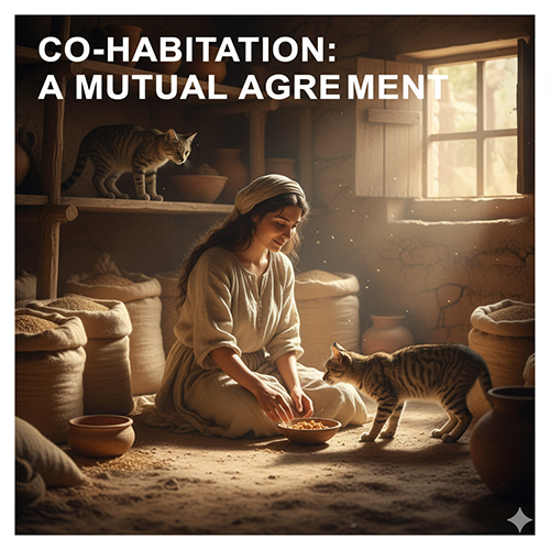 Người phụ nữ cổ đại trong kho lương đang cho mèo ăn, xung quanh là nhiều chú mèo hoang bán thuần – biểu trưng cho giai đoạn con người và mèo bắt đầu chung sống hòa bình.