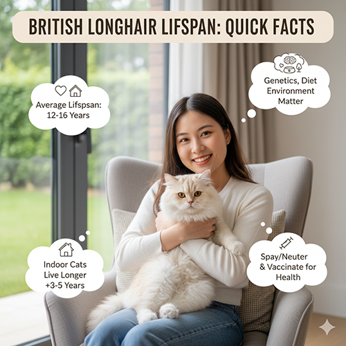Cô gái ngồi trên ghế ôm mèo Anh lông dài màu kem, minh họa các thông tin nhanh về tuổi thọ của mèo ALD.