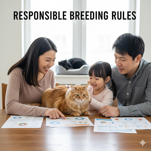 Gia đình ngồi cùng mèo trên bàn với các biểu đồ và tài liệu, minh họa quy tắc phối giống mèo có trách nhiệm