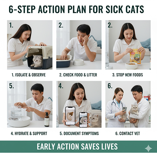 Chuỗi hình ảnh minh họa quy trình 6 bước xử lý khi mèo Anh lông ngắn bị bệnh, từ cách ly, kiểm tra thức ăn đến liên hệ bác sĩ thú y