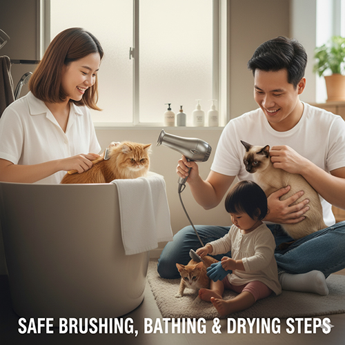 Gia đình đang tắm, sấy và chải lông cho mèo trong phòng tắm, minh họa quy trình chải – tắm – sấy an toàn cho mèo.