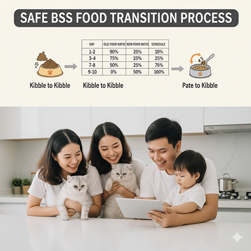 Gia đình hạnh phúc chơi với hai mèo Anh lông ngắn trong bếp, minh họa quy trình đổi thức ăn an toàn
