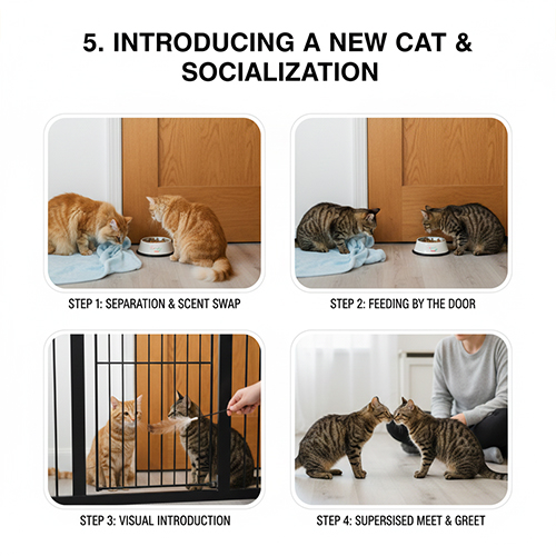 Quy trình giới thiệu mèo mới với các bước tách phòng, làm quen mùi và gặp mặt có giám sát