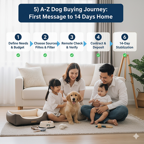 Gia đình với hai con nhỏ chơi cùng chó Golden trong phòng khách, minh họa quy trình mua chó A–Z từ tin nhắn đầu tiên đến 14 ngày đầu ở nhà.