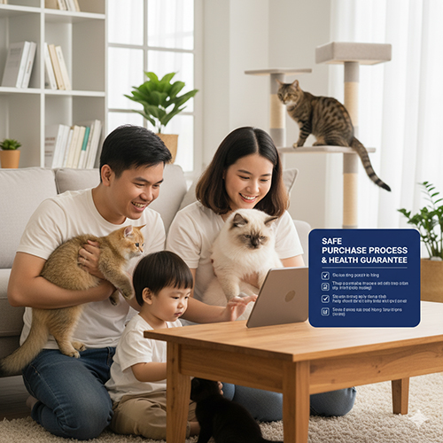 Gia đình xem laptop cùng mèo cưng, khung “Safe Purchase Process & Health Guarantee” – minh họa quy trình mua mèo an toàn và bảo hành sức khỏe