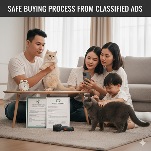 Gia đình xem mèo Anh và giấy chứng nhận sức khỏe trong phòng khách, minh họa quy trình mua mèo Anh an toàn từ tin rao vặt