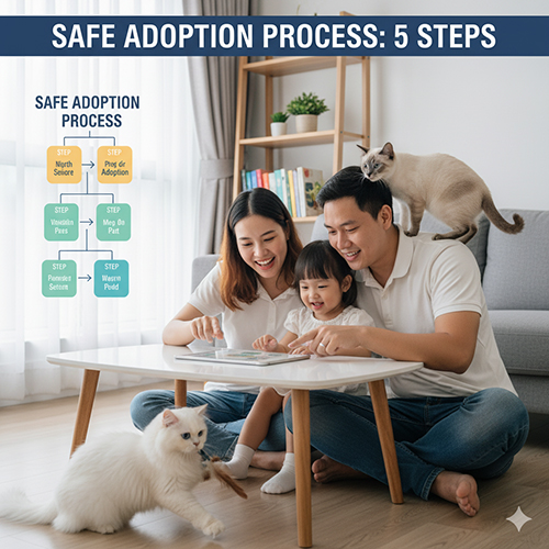 Gia đình vui vẻ cùng mèo trong nhà, minh họa quy trình 5 bước mua và nhận nuôi mèo cảnh an toàn