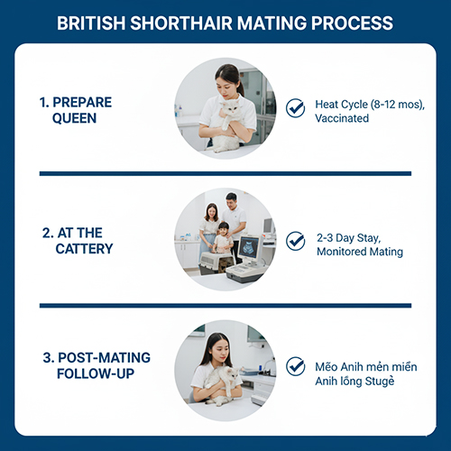 Quy trình phối giống mèo Anh lông ngắn gồm ba bước: chuẩn bị mèo cái, phối tại trại và theo dõi sau phối