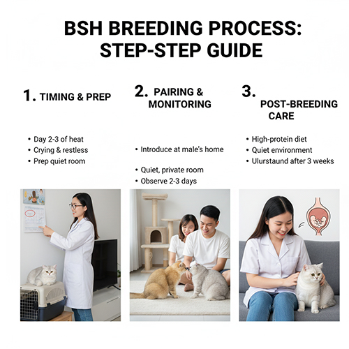 Bác sĩ thú y và cặp đôi chăm sóc mèo Anh lông ngắn trong từng giai đoạn phối giống, minh họa quy trình sinh sản chuẩn
