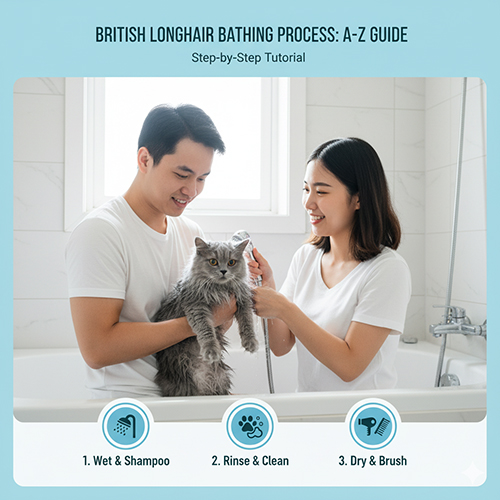 Cặp đôi đang tắm cho mèo Anh lông dài trong bồn tắm, minh họa quy trình tắm từng bước đúng cách.