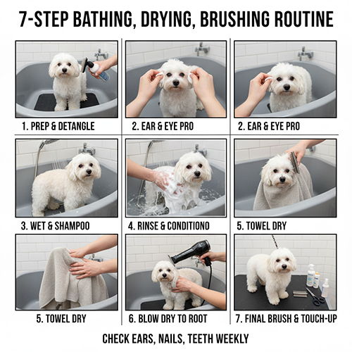 Quy trình tắm, sấy và chải lông chó 7 bước – hướng dẫn anti-rối và an toàn da cho thú cưng tại nhà.