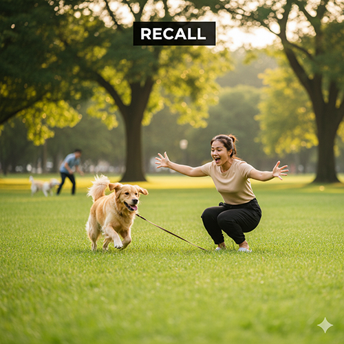 Bài tập Recall – huấn luyện chó chạy về khi được gọi trong công viên xanh mát