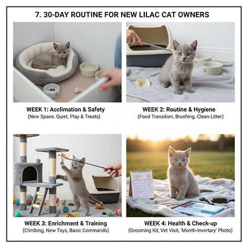 Lịch routine 30 ngày cho người mới nuôi mèo lilac gồm làm quen, vệ sinh, chơi vận động và kiểm tra sức khỏe