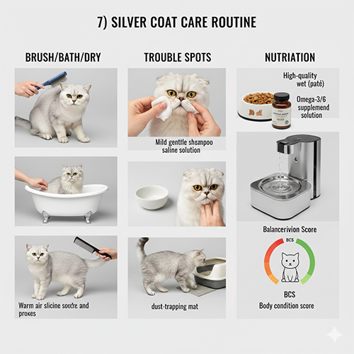 Routine chăm sóc lông mèo Silver giúp giữ màu bạc sáng sạch
