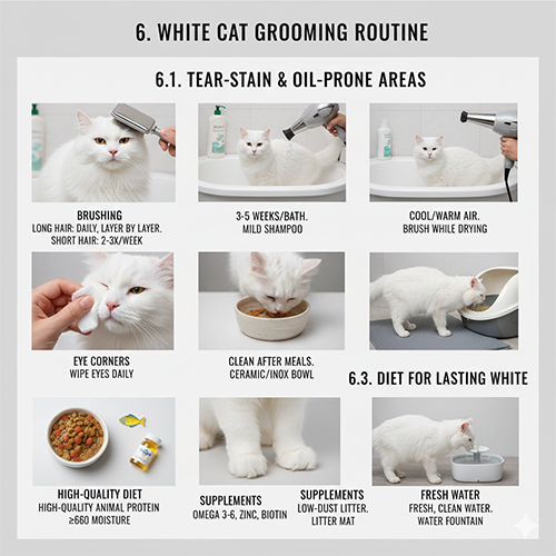 Infographic hướng dẫn routine grooming cho mèo trắng gồm chải lông, tắm sấy, xử lý rỉ mắt và dinh dưỡng