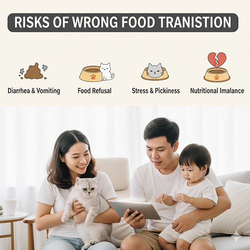 Gia đình xem hướng dẫn trên máy tính bảng trong khi bế mèo Anh lông ngắn, minh họa rủi ro khi đổi thức ăn sai cách