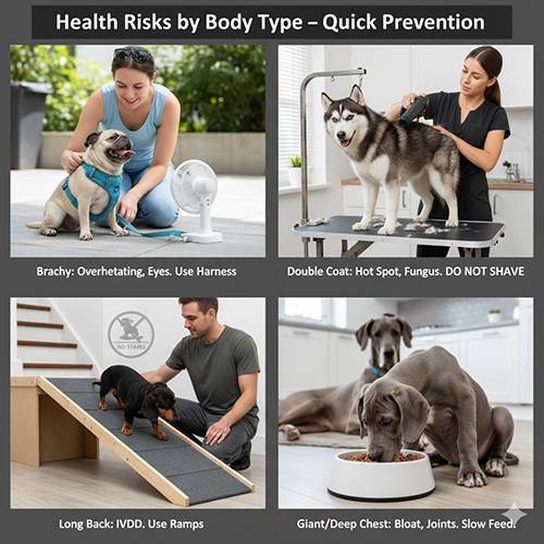 Rủi ro sức khỏe theo nhóm hình thể ở chó: brachy dễ quá nhiệt–mắt; double coat hot spot/nấm (không cạo lông kép); lưng dài IVDD; giant/ngực sâu xoắn dạ dày – kèm mẹo phòng