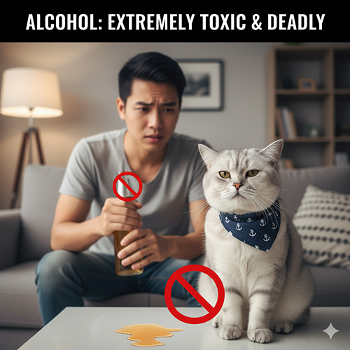 Mèo Anh lông ngắn ngồi cạnh ly bia bị đổ và biểu tượng cấm đỏ, trong khi người đàn ông tỏ vẻ lo lắng.