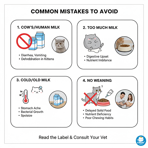 Minh họa các sai lầm khi cho mèo Anh lông ngắn uống sữa như dùng sữa bò, cho quá nhiều, dùng sữa lạnh hoặc không tập cai sữa.