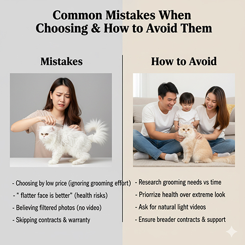 Một cô gái chải lông cho mèo và một gia đình vui chơi với mèo Anh lông dài, minh họa các sai lầm và cách tránh khi chọn mua mèo.
