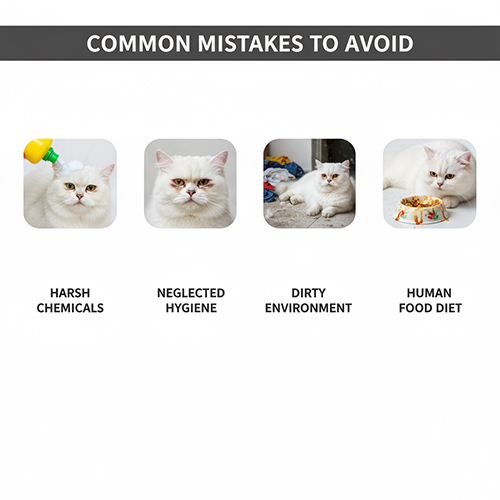 Các sai lầm cần tránh khi nuôi mèo Anh lông dài trắng – dùng hoá chất mạnh, bỏ qua vệ sinh, môi trường bẩn, cho ăn đồ của người