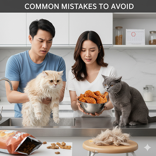 Những sai lầm thường gặp khi nuôi mèo Anh như cho ăn quá nhiều pate, tắm thường xuyên hoặc không chải lông